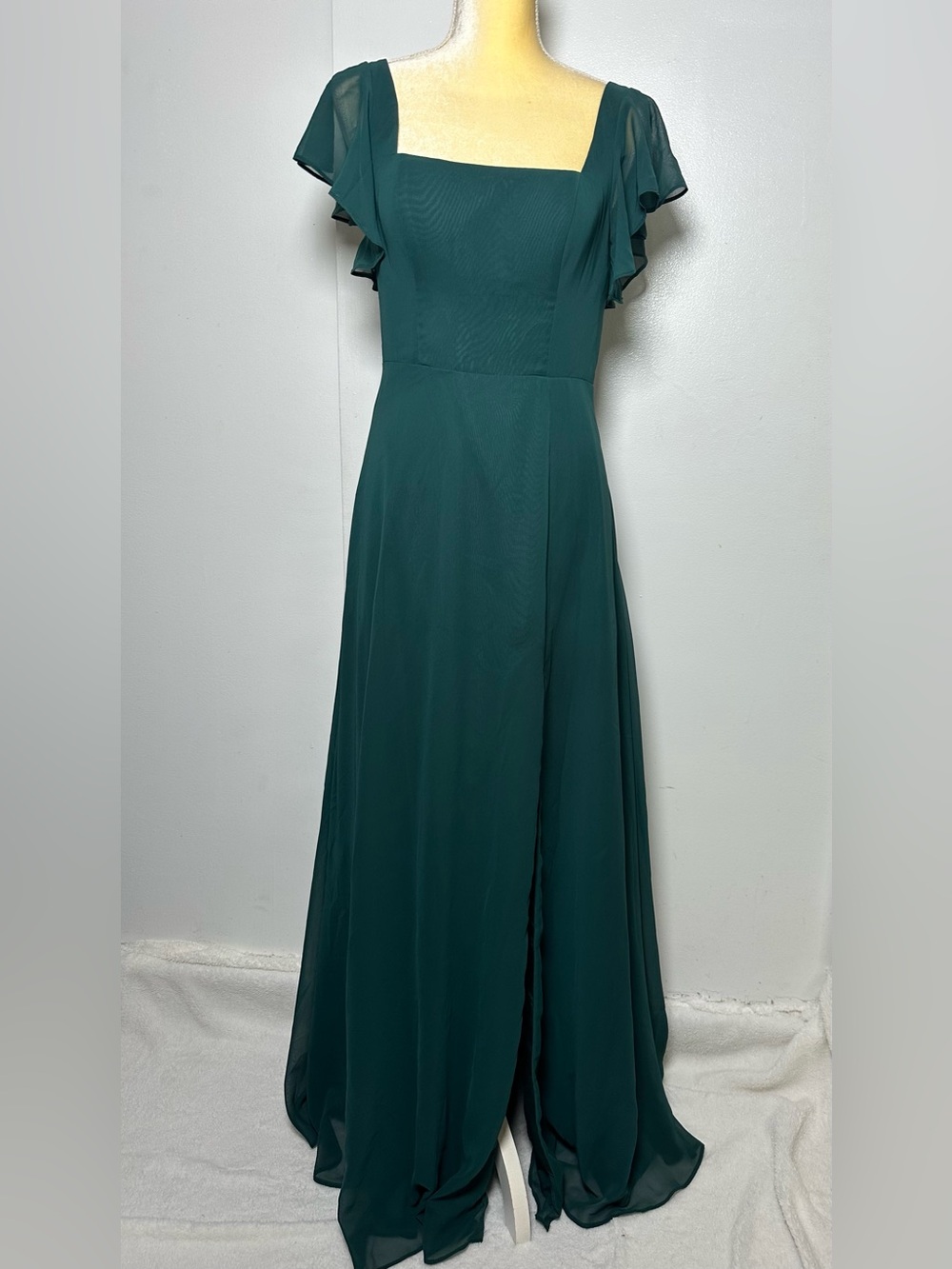 Azazie Chiffon Maxi Dress Flutter Sleeve Dark Green A6